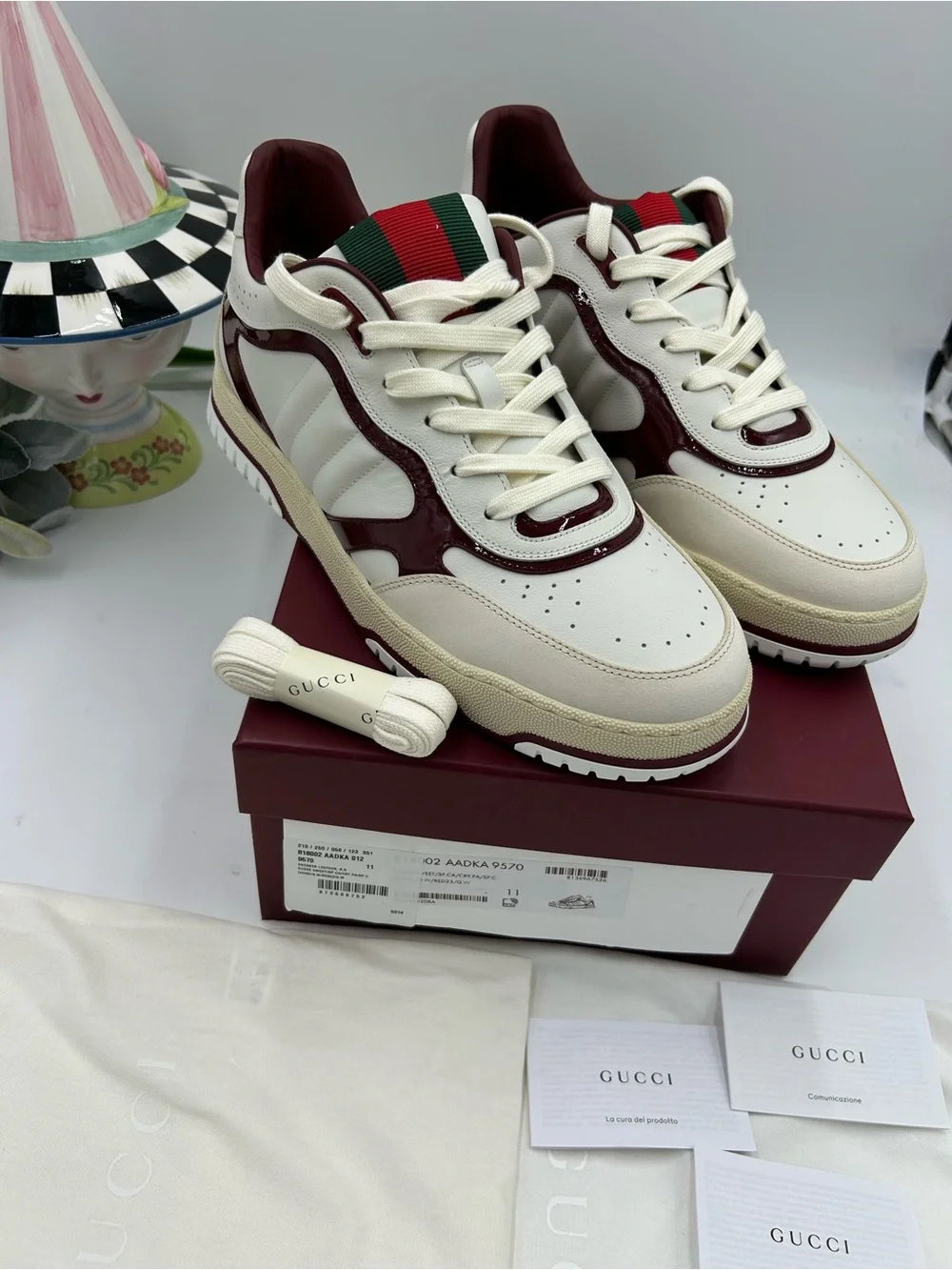 Men's Gucci re-web sneakers in white leather and patent trim size 11 fits 12 US